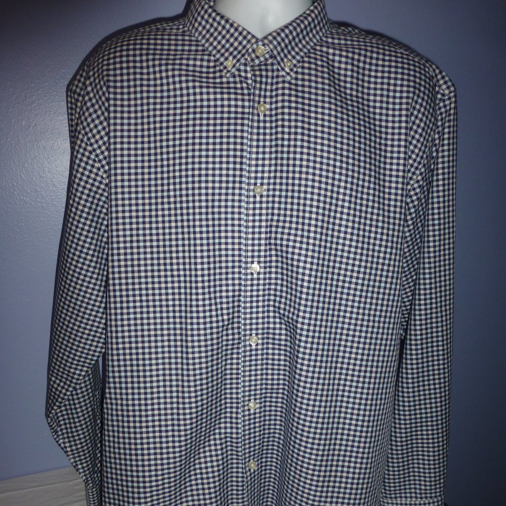 Men Untuckit Wrinkle Free Blue White Checker Long Sleeve Shirt XXXL
